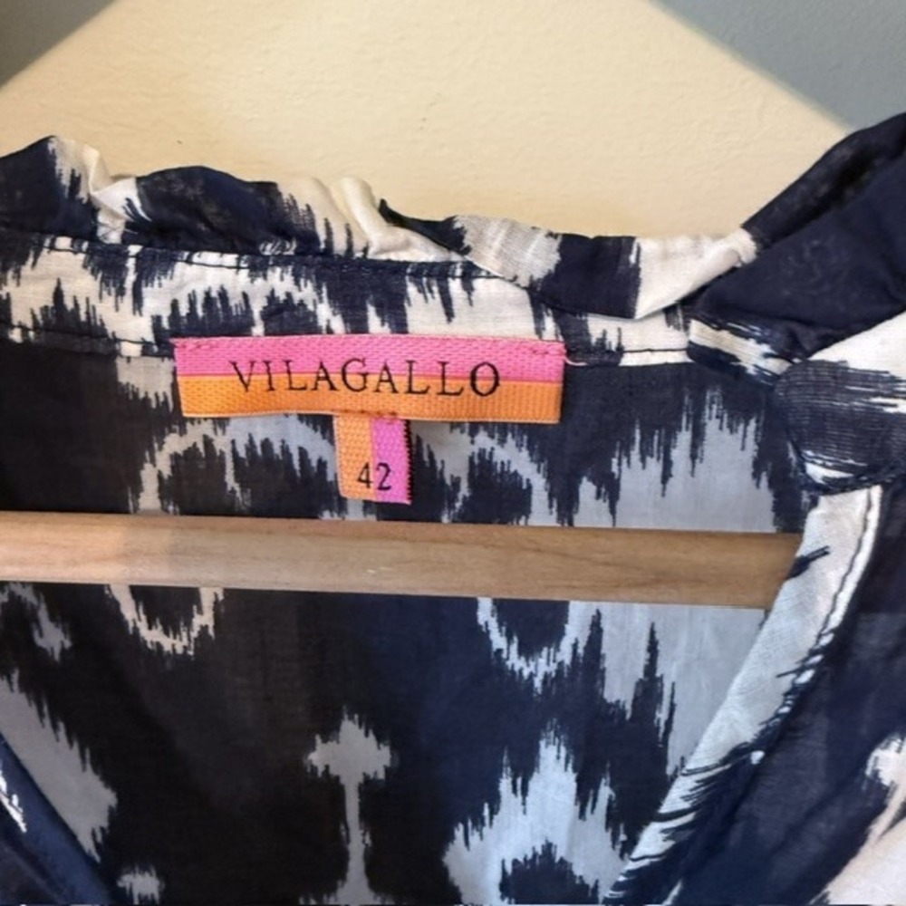 Vilagallo Navy Tammy Ikat Print Tiered Midi Dress Rickrack Trim Split Neck L - Picture 10 of 10